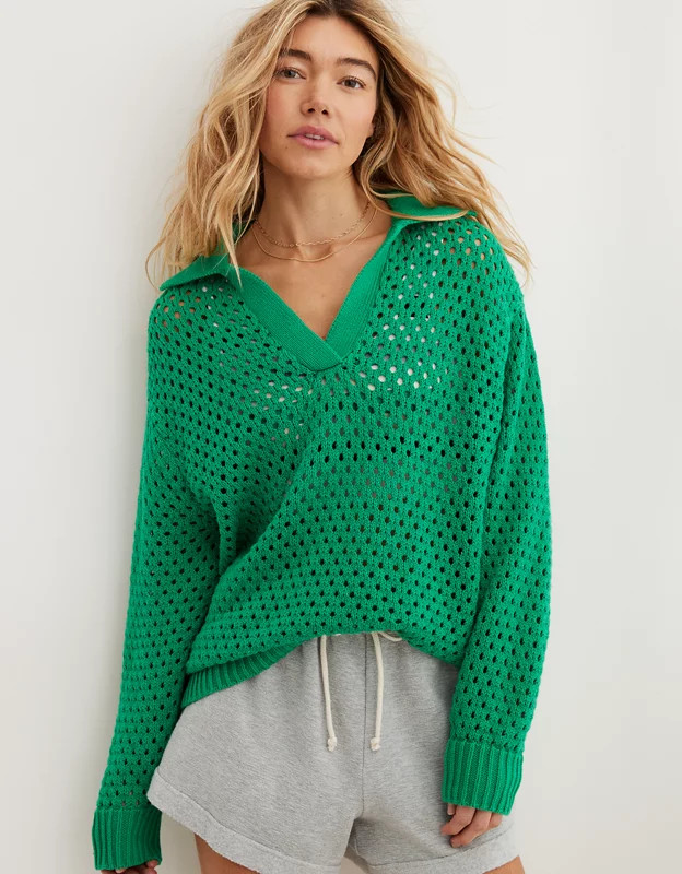 Aerie Open Knit Polo Sweater | Aerie