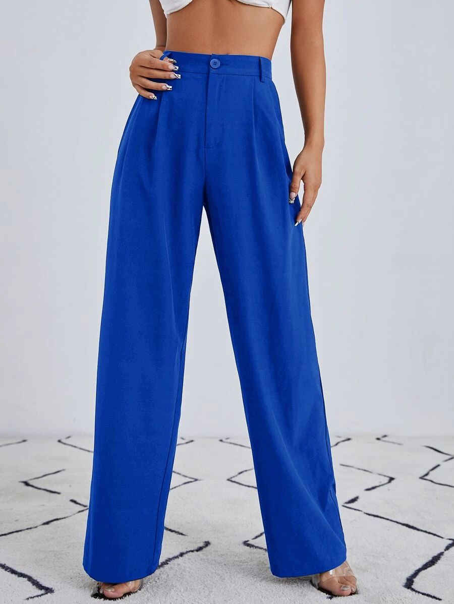 HomeWomen ClothingWomen SuitsWomen Suit PantsSHEIN EZwear Zipper Fly Fold Pleated Solid Wide Leg ... | SHEIN
