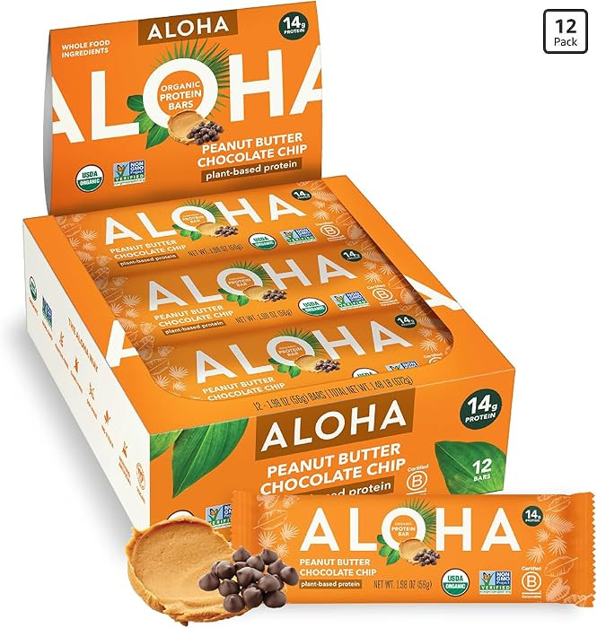 ALOHA Organic Plant Based Protein Bars |Peanut Butter Chocolate Chip | 1.98 Oz (Pack of 12) | Veg... | Amazon (US)