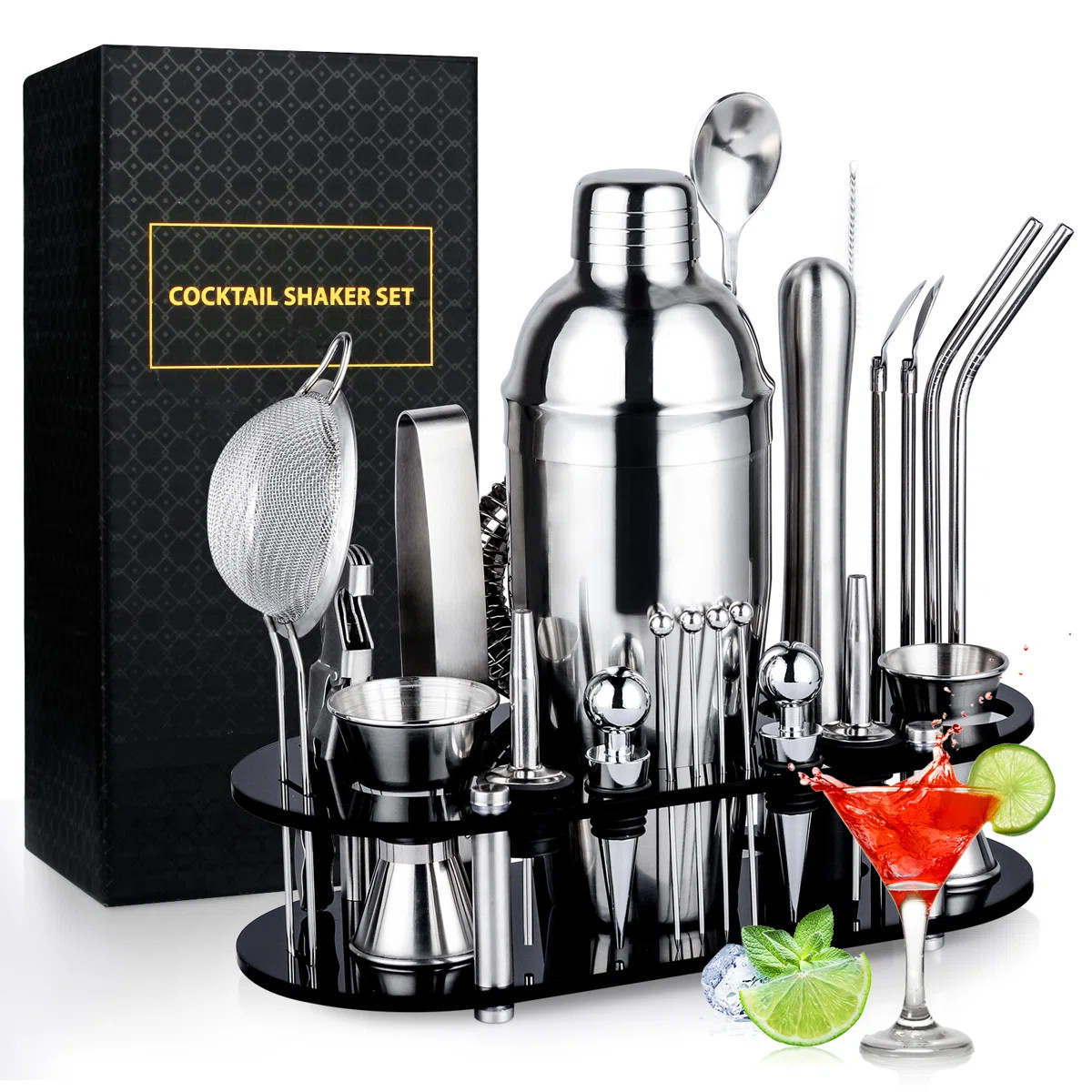 Suranne 25 Piece Stainless Steel Cocktail Shaker Bar Tool Set With Stand | Wayfair North America