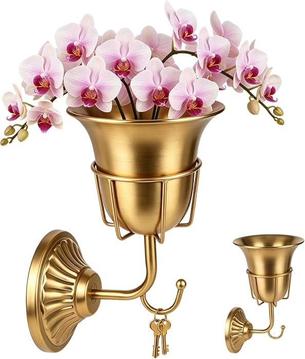 Gold Wall Vase with Hook, Opal Wall Vessel Vintage Brass Style Hanging Flower Vase Container Cup with Wall Mount Metal Hanging Organizer Holder for Bathroom Kitchen Entryway, Flowers (gold1) | Amazon (US)