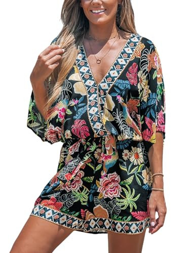 CUPSHE Women's V Neck Floral Romper Short Sleeves Loose Fit Jumpsuits Wide leg Outfit Black Floral, S | Amazon (US)