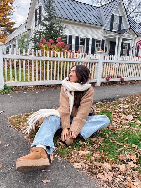 Fall outfit ideas with UGG Ultra Mini! H&M brown sweater in size XS. Has an oversized fit. Denim are Abercrombie short. 

#LTKfindsunder50 #LTKfindsunder100