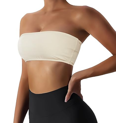 Boudaner Women’s Padded Bandeau Sports Tube Top Bra Strapless Wireless Solid Seamless Yoga Workout Bralette Beige | Amazon (US)