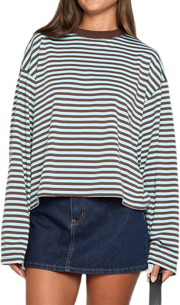 Y2k Womens Striped Cropped Shirt Drop Shoulder Long Sleeve Crewneck Sweatshirt Fairy Grunge Sweat... | Amazon (US)