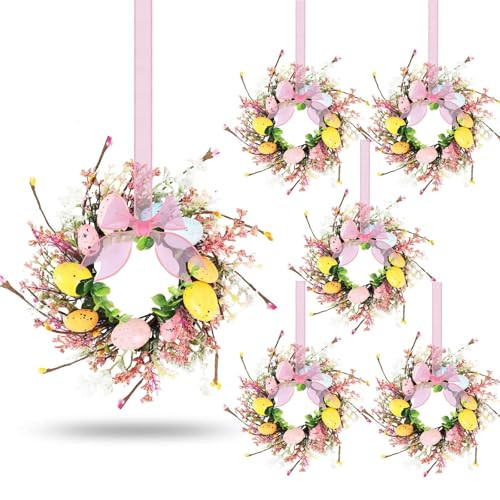 6 Pcs Easter Egg Candle Rings Wreaths Mini Artificial Spring Easter Egg Berry Wreath for Front Door Hanging Kitchen Cabinet Wreath with Ribbon for Porch Wall Window Farmhouse Decor | Amazon (US)