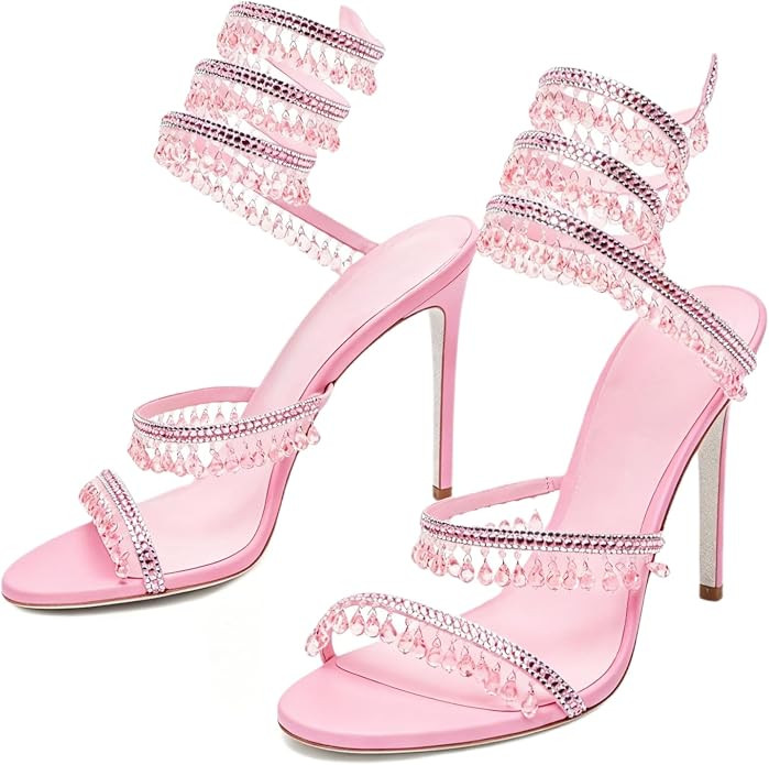 Rhinestone Wrap Around Strappy Stiletto High Heels for Women | Open Round Toe Lace Up Heeled Sand... | Amazon (US)