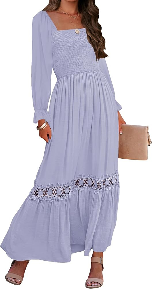 ZESICA Women's 2025 Boho Long Sleeve Square Neck Smocked High Waist Flowy A Line Lace Trim Maxi D... | Amazon (US)