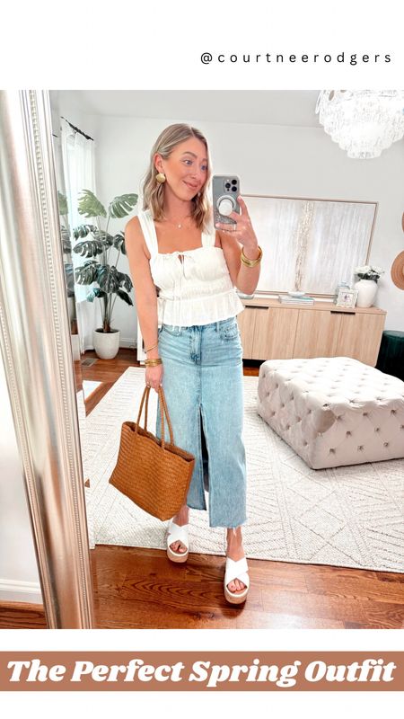 One of those outfits you feel 💯 in! 🤩 My top is on sale for $28 and these new wedges are SO comfortable! 🩵 P.S. my earrings are only $12 and so adorable! 🐚😍 You can shop everything via the link in my bio > Shop my Reels/IG Posts ➡️

Sizing: 
•top: size medium (if between size up, juniors sizing)
•denim skirt: (4/27)
•Sandals: I’m a size 7.5 and got the size 7! Only good if you have wide feet!

Casual outfits, spring fashion, spring outfits, denim skirt 

#LTKsalealert #LTKstyletip #LTKfindsunder100