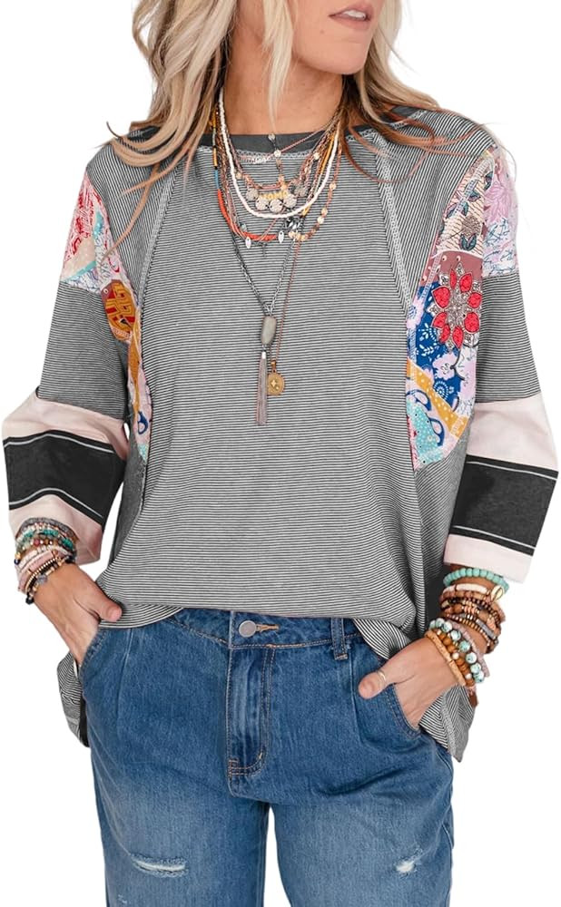 EVALESS Women's Crewneck Batwing 3/4 Sleeve Patchwork Shirts Summer Lightweight Stripe Knit Overs... | Amazon (US)