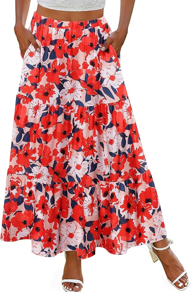 Zeagoo Skirts for Women Summer Boho Casual Maxi Flowy Elastic High Waist A-Line Tiered Swing Flor... | Amazon (US)