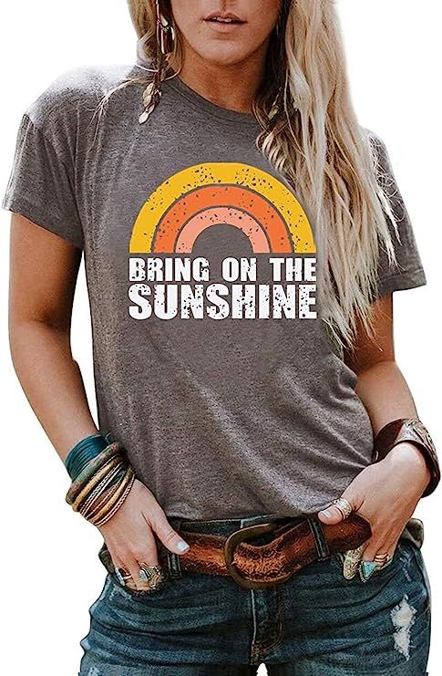 Womens Rainbow Graphic T Shirt Funny Letter Print Casual Tee Short Sleeve Cow Tops | Amazon (US)