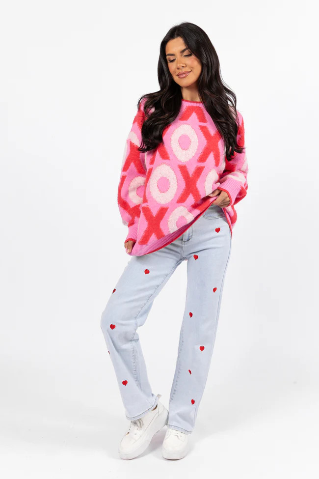 Hugs and Kisses Pink and Red Multi Embroidered Sweater | Pink Lily