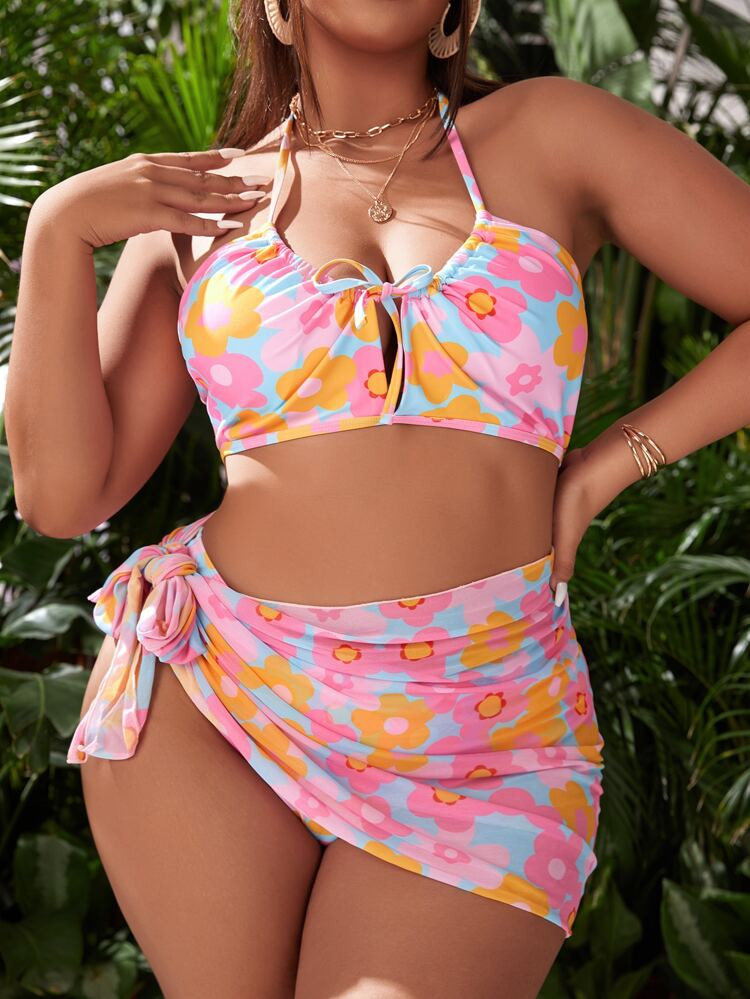 3pack Plus Floral Print Tie Front Halter Bikini Swimsuit & Beach Skirt | SHEIN