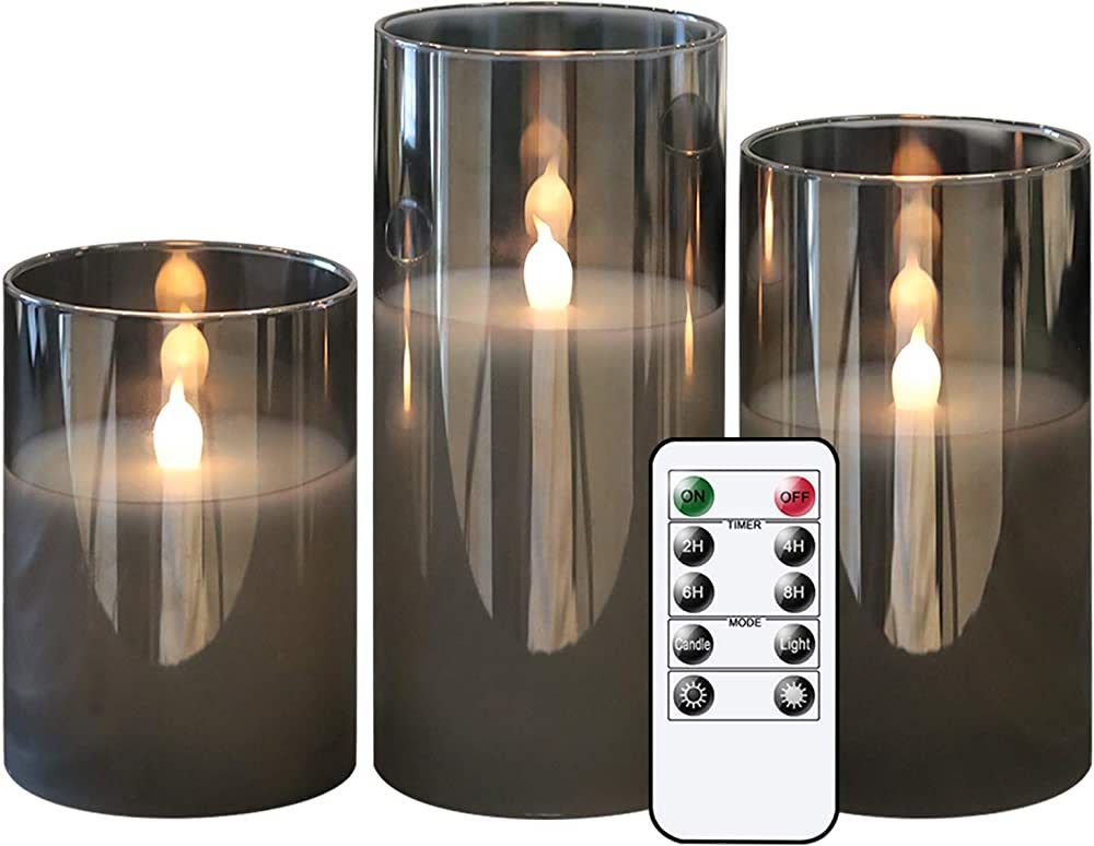 GenSwin Gray Glass Battery Operated Flameless Led Candles with 10-Key Remote and Timer, Real Wax ... | Amazon (US)