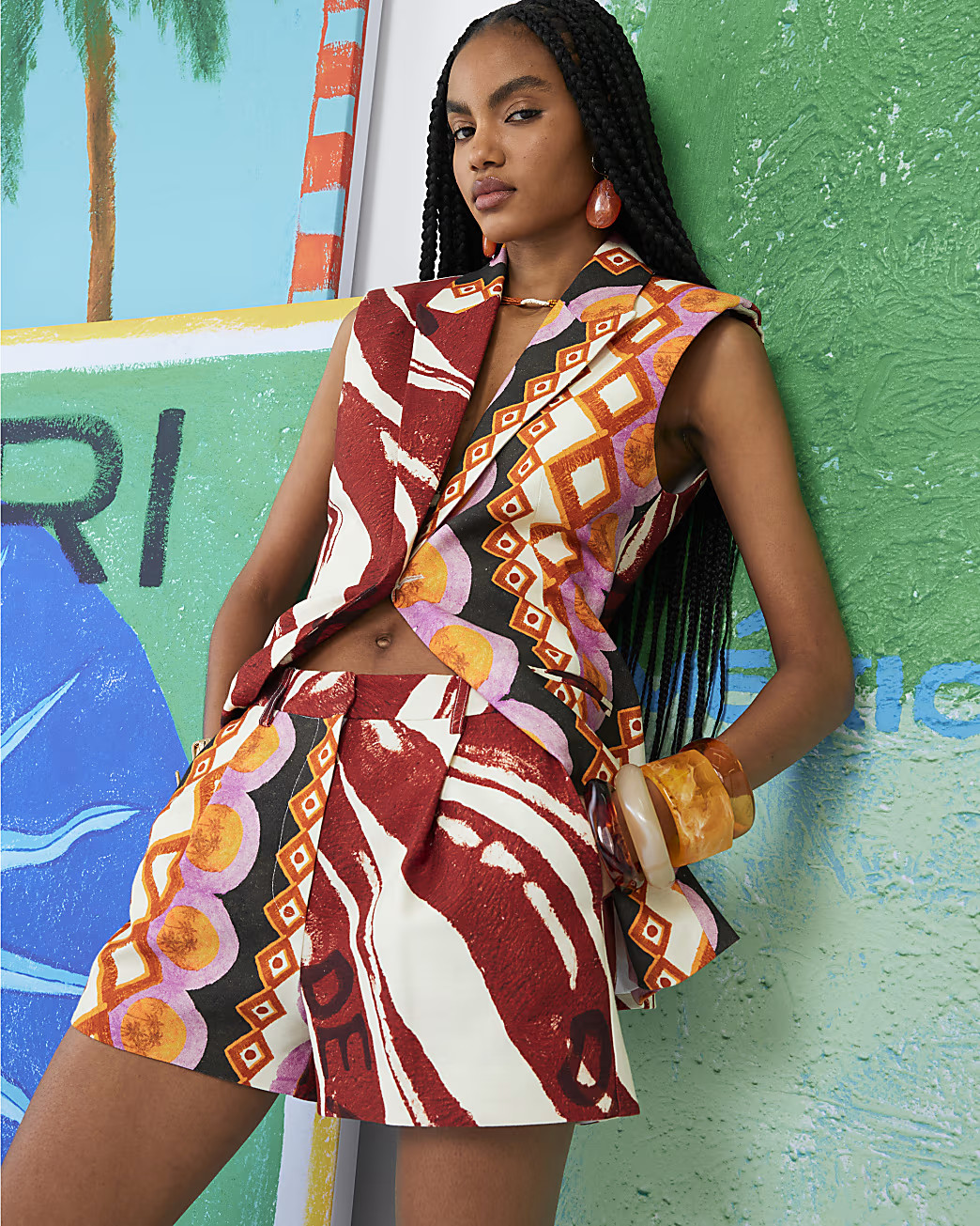 Red Atlas Linen Blend Printed Tailored Shorts | River Island UK & IE