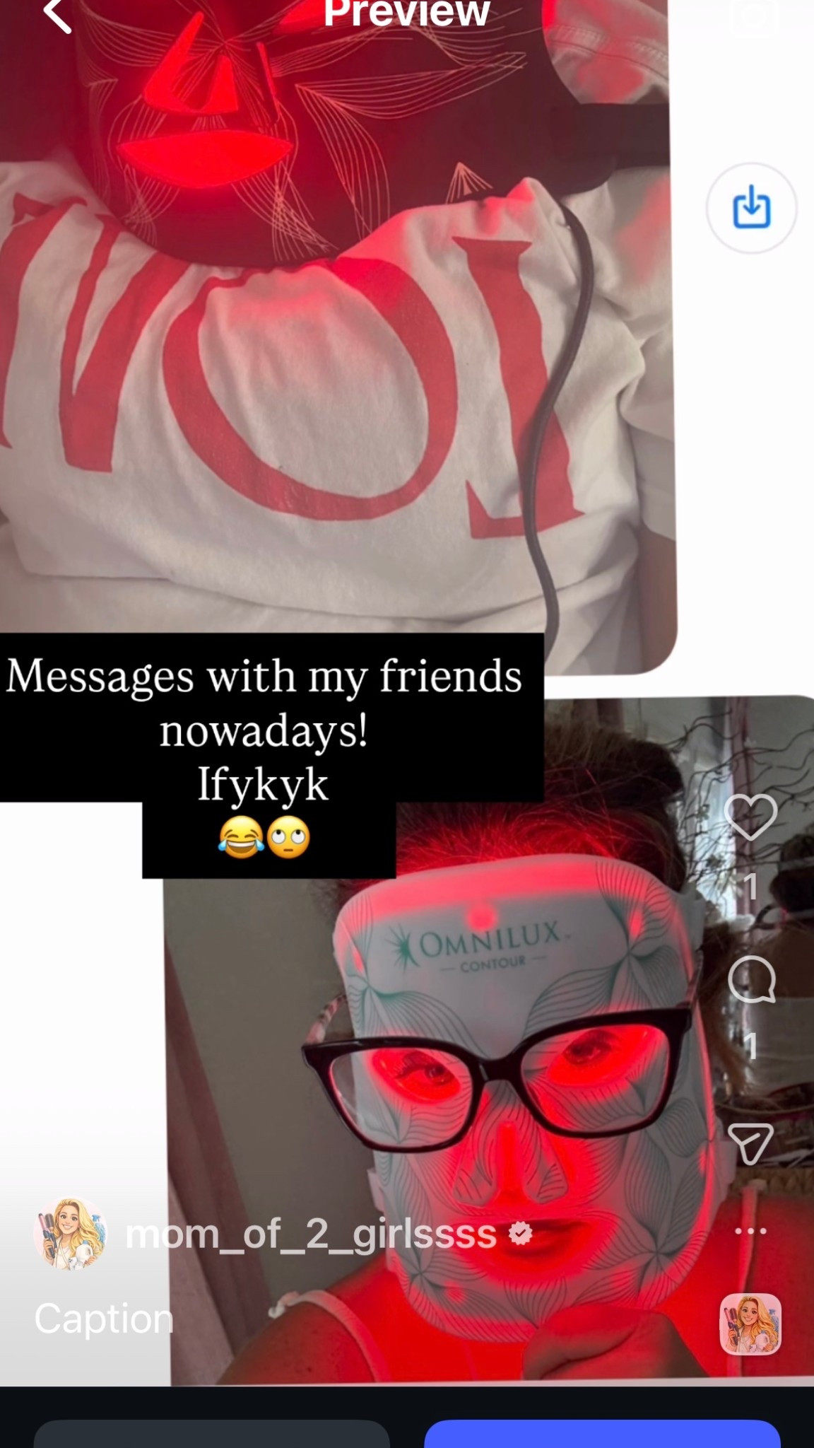 Messages with friends over 40…
Just sending pics of each other on a daily basis.

#Over40Life #FriendshipGoals #MomFriends #ThisIs40 #DailyLife #GroupChat #SelfCareRoutine #RedLightTherapy #LEDMask #LightMask #SkincareOver40 #AtHomeSkincare #GlowRoutine #RealLife 💕