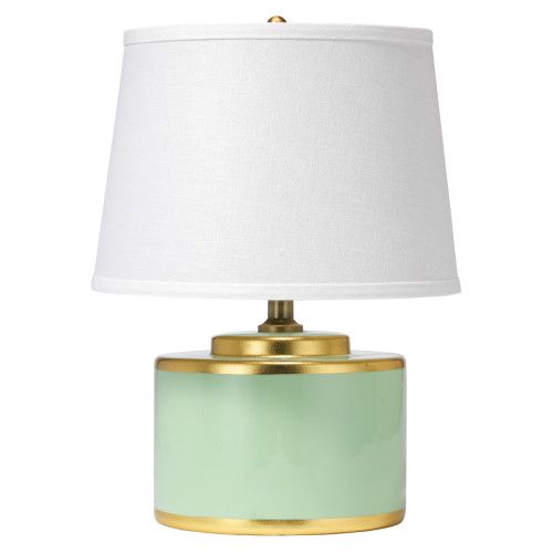 Jamie Young Basin Table Lamp in Teal and Gold Ceramic with Small Cone Shade in White Linen | Gracious Style