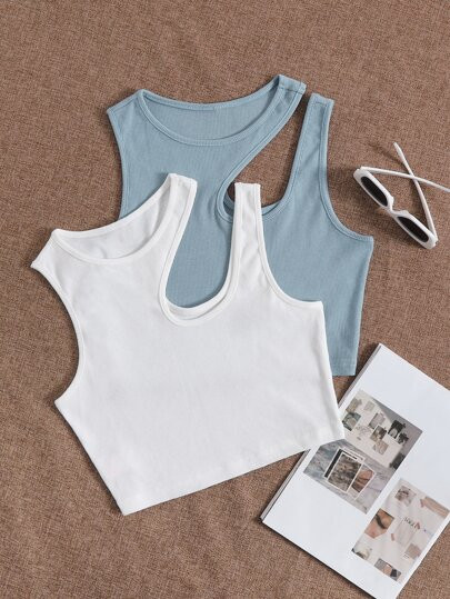 SHEIN EZwear 2pcs Solid Asymmetrical Neck Tank Top | SHEIN