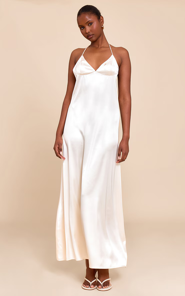 Natural Satin Lace Up Back Maxi Slip Dress | Pretty Little Thing (Australia & New Zealand)