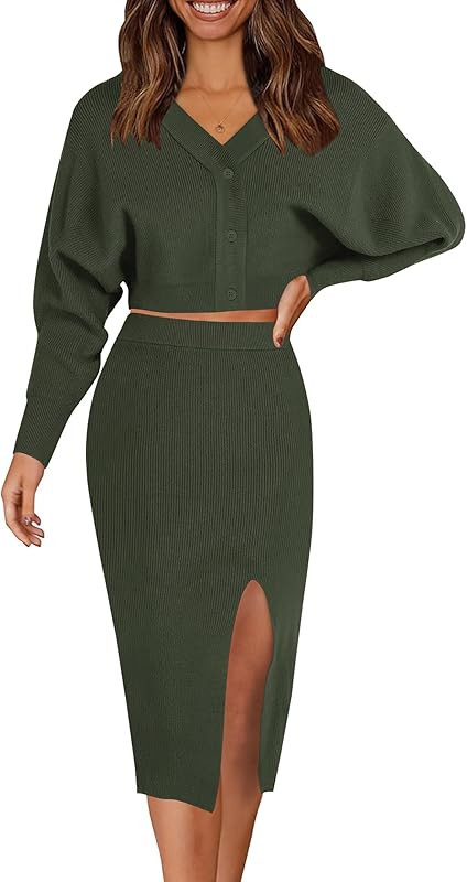 Caracilia Women Two Piece Outfits Sweater Sets Long Sleeve Knit Top and Bodycon Side Slit Midi Sk... | Amazon (US)