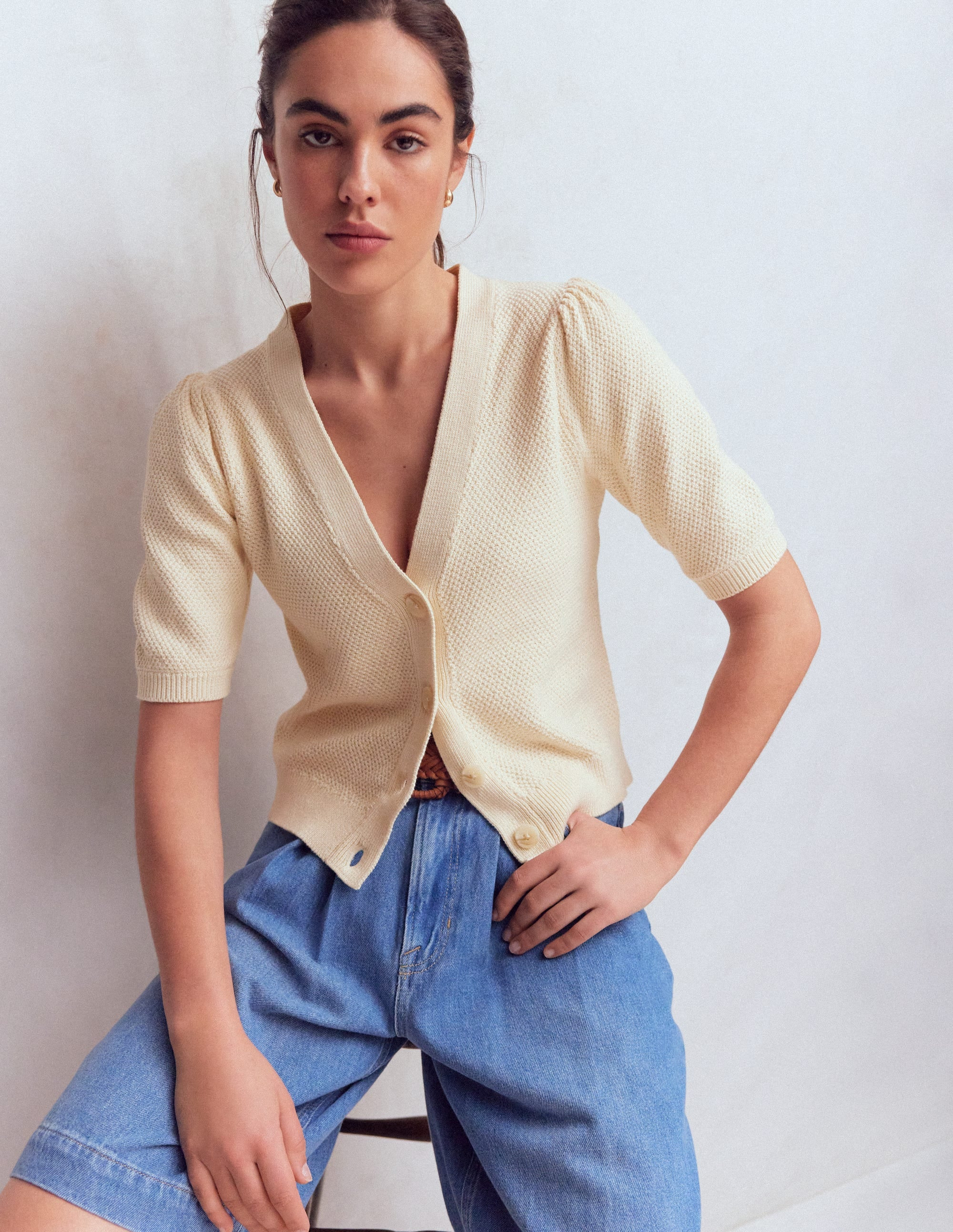 Hayley Cotton V-neck Cardigan-Warm Ivory | Boden (US)
