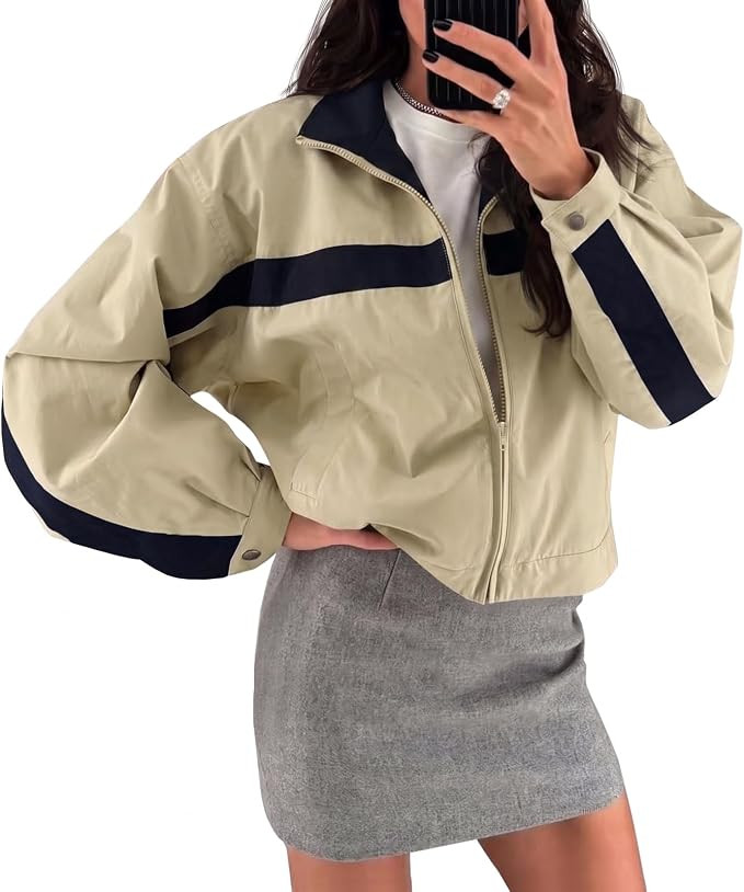 Fisoew Womens Cropped Zip Up Jacket Lightweight Windbreaker Casual Coat | Amazon (US)