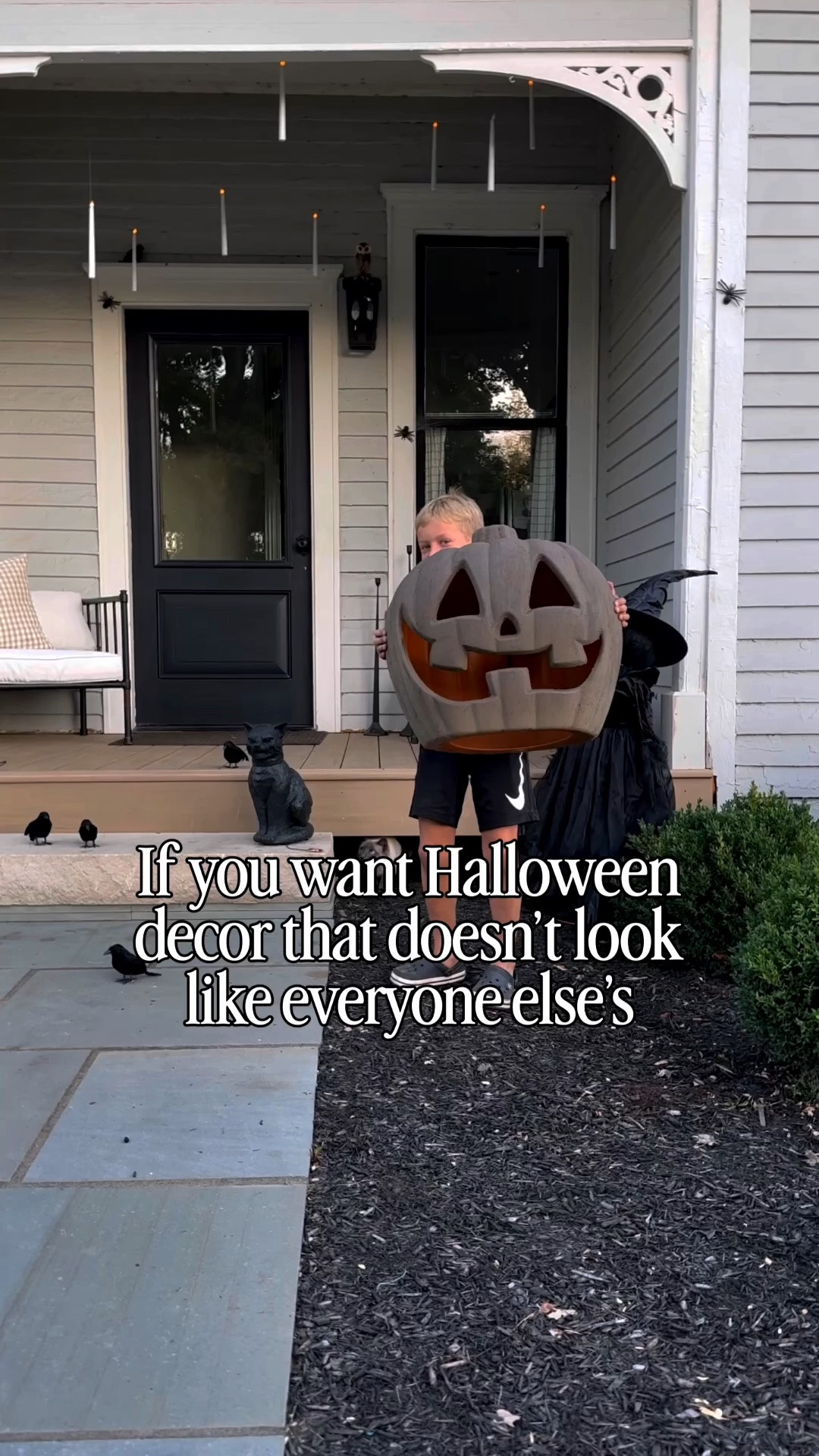 I made this THREE years ago you guys and I’m still getting it out every Halloween. 😂 It is honestly still one of my absolute favorite Halloween DIYs I’ve ever done.

Here’s exactly what I did:

1. Spray paint the pumpkin with a matte spray paint + primer in one.
2. Mix a little baking soda into paint and brush it on for that rough, aged texture. Let it dry completely.
3. Mix dirt with a little water and rub it generously all over the pumpkin. Let that dry too.
4. Once dry, use a soft bristle brush to brush off all the loose dirt and excess.
5. Finish with a matte clear coat to seal it.

Mine has been outside for three years on a covered porch that does occasionally get wet. I’ve touched up a few little spots, but it has held up SO well.

My exact pumpkin isn’t available anymore, so I’m linking a couple different options you can use. Unfortunately, the price of these giant pumpkins has basically doubled since I made mine 😭 but they are SUCH a statement and still so worth it.

Save this one because it’s way easier than it looks. 🎃
