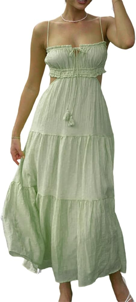 Womens Summer Spaghetti Strap Long Dress Boho Low Cut Dress Backless Bodycon Midi Dress Bohemian ... | Amazon (US)