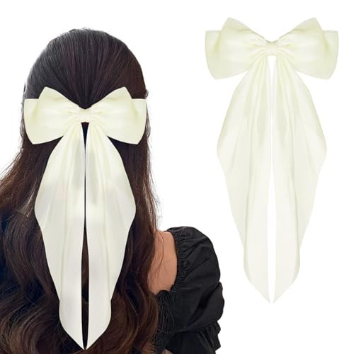 WLLHYF Big Bow Hair Clips - Satin Silky Barrettes With Long Tail French Bows, Metal Pins, Bowknot Clamps - Accessories for Women Girls Wedding Birthday Party (Beige) | Amazon (US)