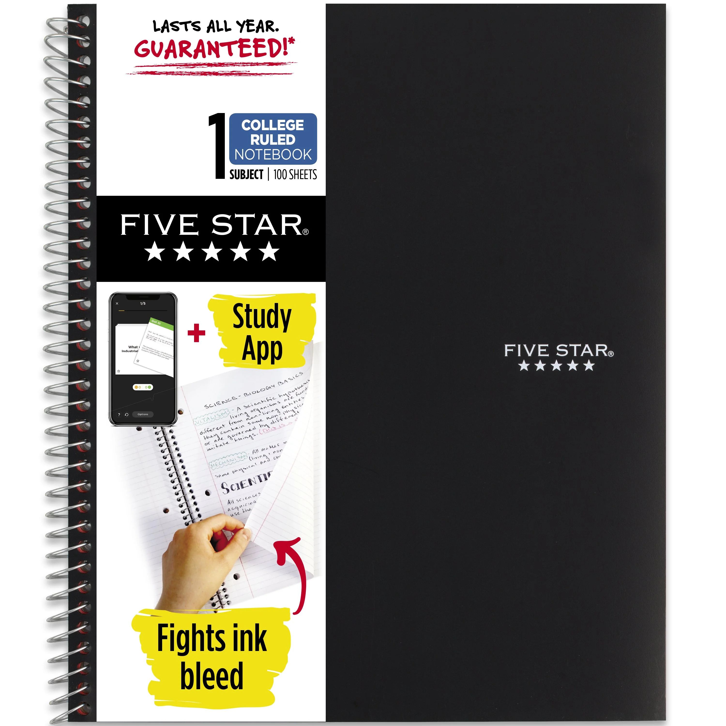 Five Star Wirebound Notebook Plus Study App, 1 Subject, College Ruled, Black (820002A-WMT) | Walmart (US)