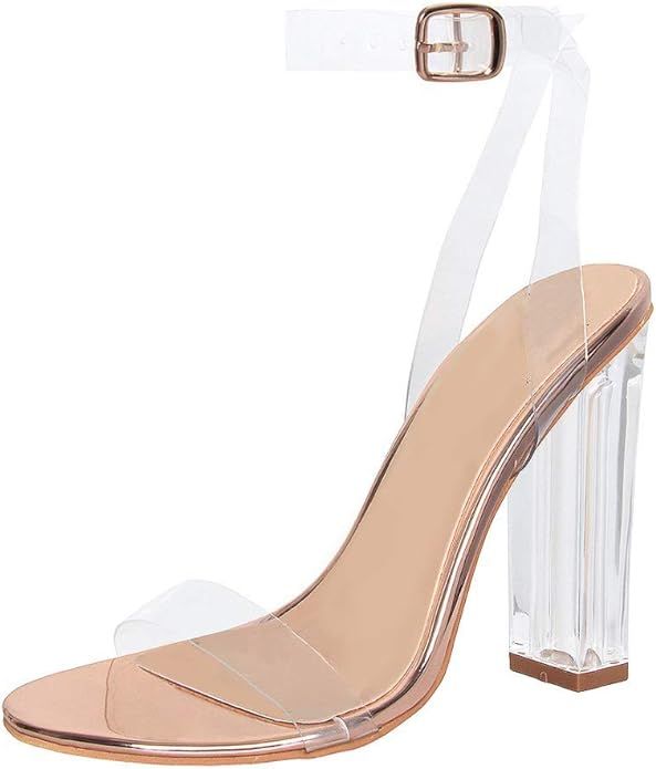 Richealnana Women's Clear PVC Ankle Strap Sandals Chunky Heel Transparent Dress Shoes | Amazon (US)