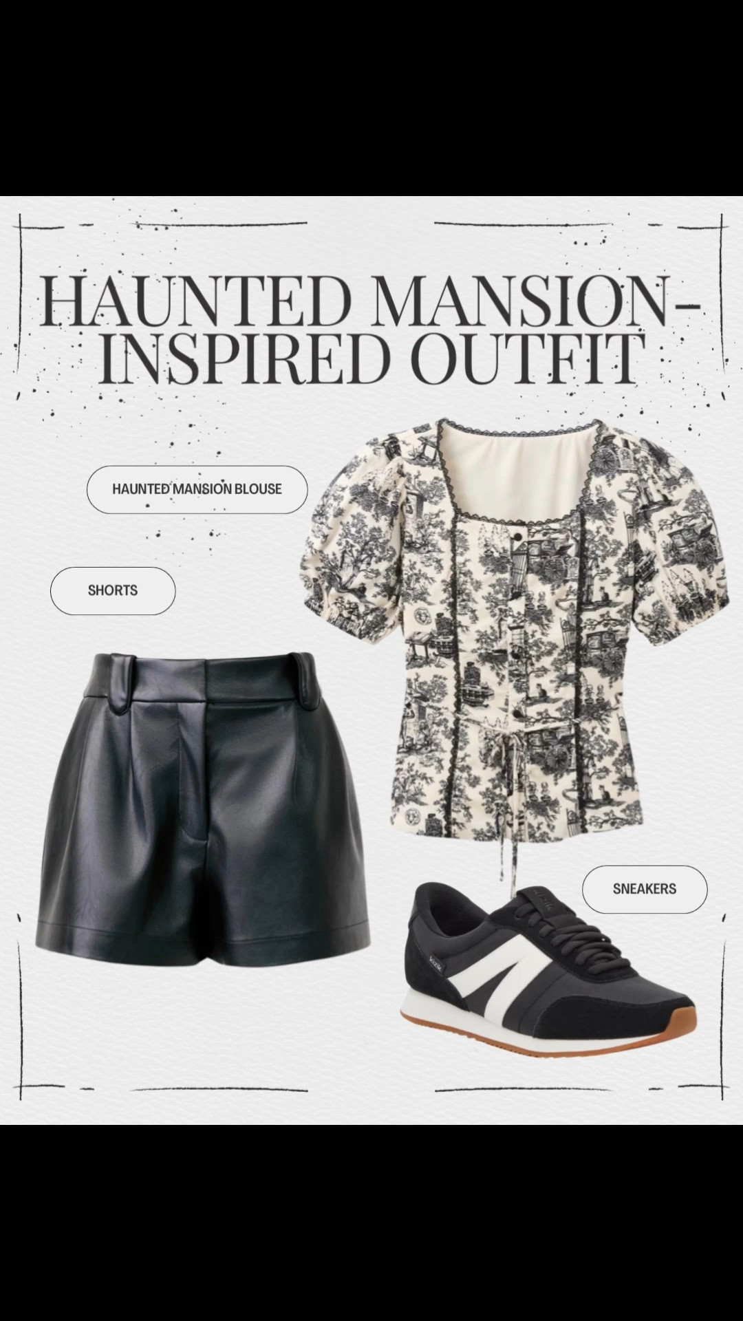 This trio is honestly my dream Haunted Mansion outfit. I know I said I wasn’t going to buy any clothes in 2026, but I think I have to make an exception for this. The haunted mansion blouse brings all the spooky, nostalgic magic with its vintage ghostly details, while still feeling romantic and elevated. I love pairing it with the faux leather mini shorts to add a little edge and balance out the softness of the lace and puff sleeves. It keeps the look fun, modern, and not too costume-y. The shorts are one of my favorite rentals so far. I’m seriously considering buying them to keep.

The black Kizik Milan sneakers are the unsung hero of the outfit. They’re sleek, comfortable, and hands-free (perfect for a full park day), so I can walk straight down Main Street, hop on and off rides, and float through the queue without thinking about my feet. It’s cute, comfortable, and just spooky enough to be the perfect outfit to wear while riding a doom-buggy through the Haunted Mansion at Magic Kingdom 👻🖤

#LTKOver40 #LTKTravel #LTKootd