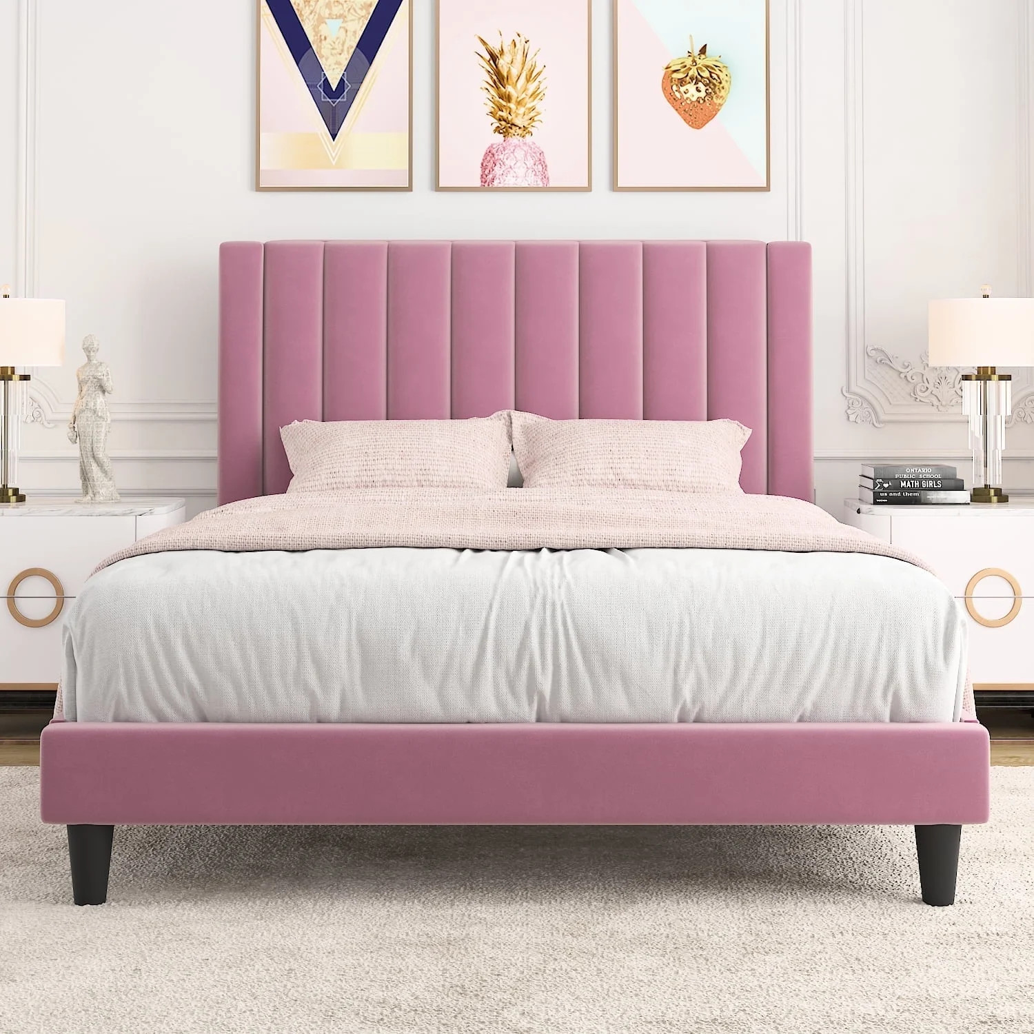 Allewie Queen Size Velvet Upholstered Bed Frame with Vertical Channel Tufted Headboard, Pink | Walmart (US)