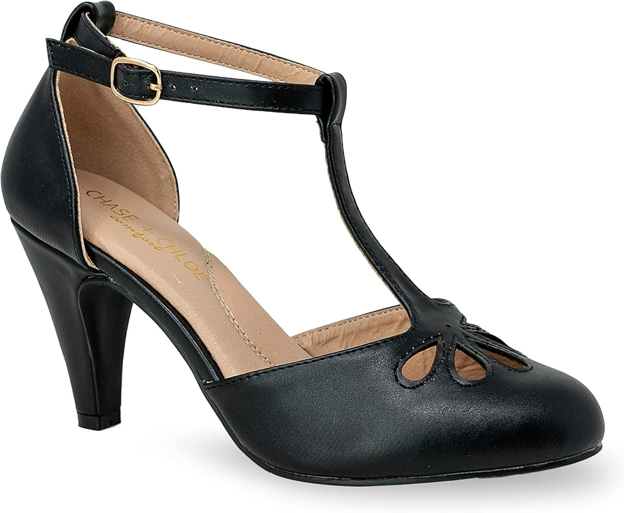 Chase & Chloe New Kimmy-36 Women's Teardrop Cut Out T-Strap Mid Heel Dress Pumps | Amazon (US)