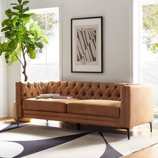 Eridu Contemporary 84 in. Square Arm Faux Leather Button-Tufted design Tuxedo Rectangle Sofa in Camel | The Home Depot