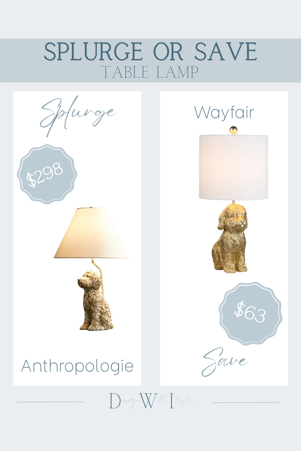 Splurge vs. Save: playful pup edition. The Anthropologie lamp features sculptural detailing, a warm antique gold finish, and a softly curved arm that gives it that collected, designer feel. The Wayfair version offers the same charming dog silhouette and classic white drum shade for a fraction of the price. Both bring personality and warmth to a nightstand, office, or cozy reading corner. Tap the link to explore both options and decide which one fits your style and budget.

#splurgevssave #lookforless #tablelamp #lightingdesign #homedecorfinds #traditionalstyle #collectedhome

dog lamp, animal table lamp, novelty lighting, traditional decor, gold table lamp, bedside lighting, splurge vs save, look for less decor 

 