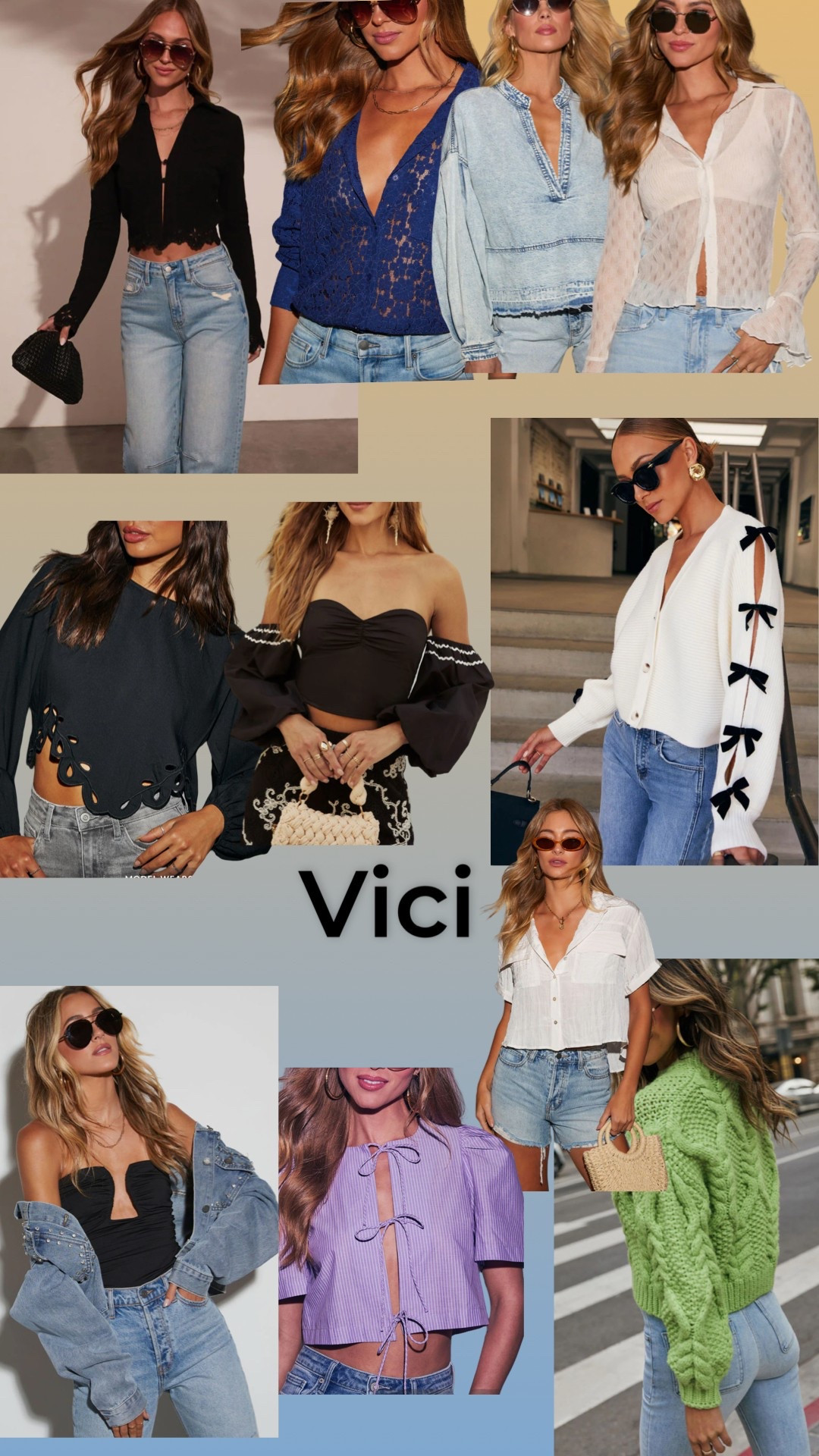 Vici is my go-to for “going out” tops! You might be looking for vacation fits or sales on sweaters 
Lace button up tops 
Off the shoulder 
Cropped eyelet top
White cardigan with bows 
Lime green sweater 
Open front tops with ties 

#LTKSpringSale #LTKTravel #LTKFestival