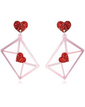 Valentine's Day Earrings for Women - Red Heart Envelope Dangle Jewelry, Valentines Day Outfit Acc... | Amazon (US)