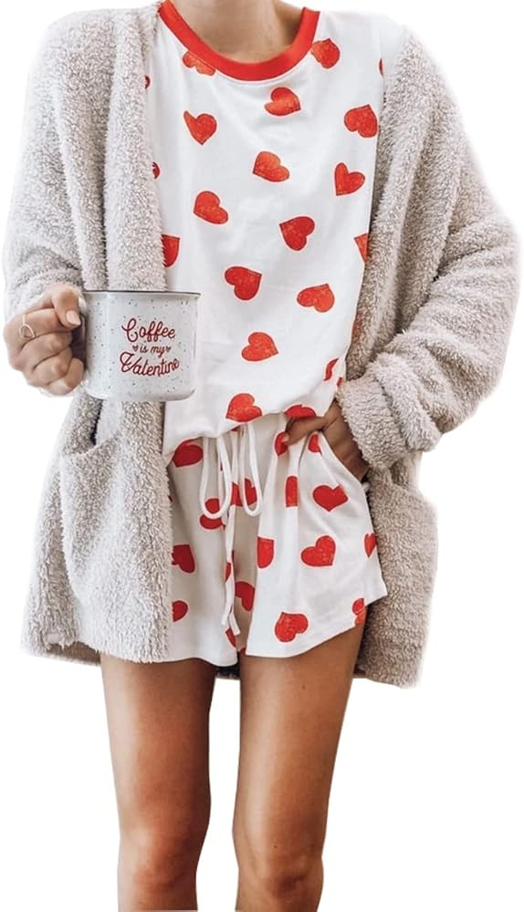 SECETKET Womens Pajamas Set Heart Print Top with Sleep Shorts Suit 2 Piece Sleepwear Pj Sets Comf... | Amazon (US)