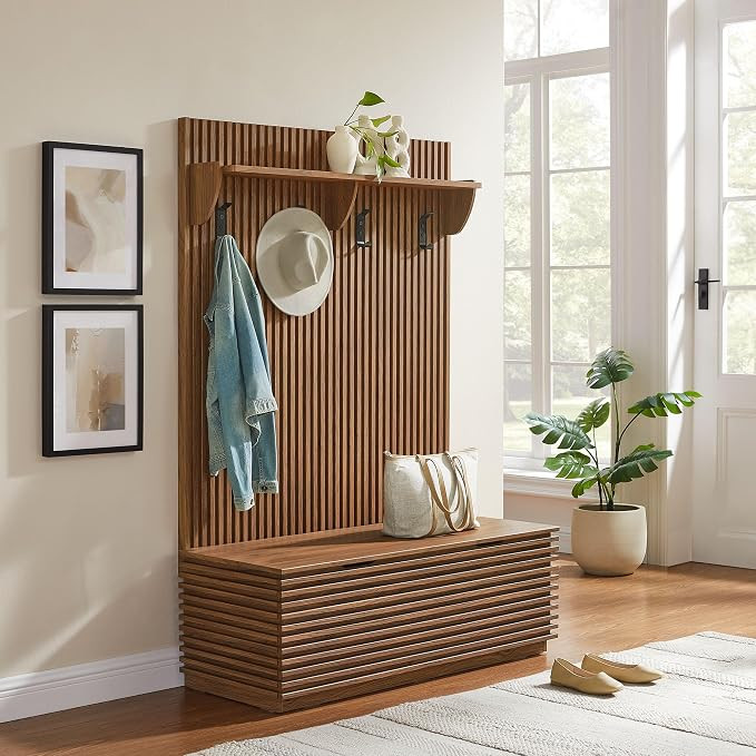 Modway Render 3-in-1 Hall Tree in Walnut with Fluted Storage Bench and Coat Rack – 2-Piece Entr... | Amazon (US)