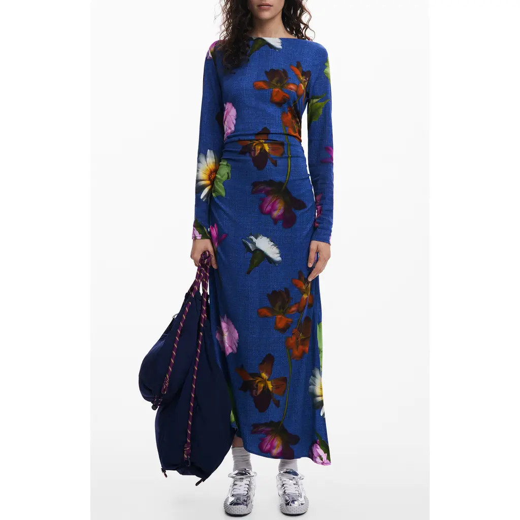 Desigual Floral Print Ruched Long Sleeve Maxi Dress in Dark Blue at Nordstrom, Size Large | Nordstrom