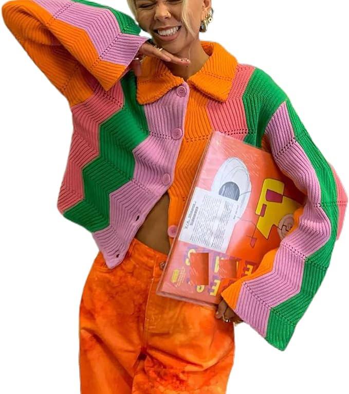 Women Button Down Sweater V Neck Cable Knit Crop Cardigan Cute Oversized Jumper Pullover Top Aesthet | Amazon (US)