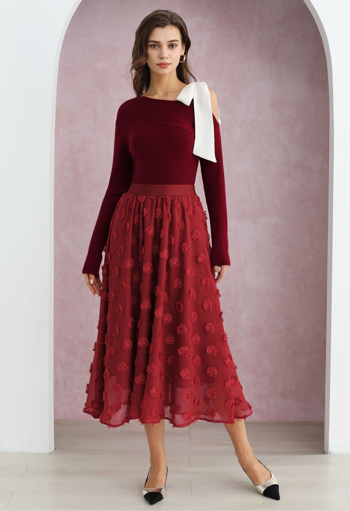 Sheer Tie-Strap One Shoulder Knit Top in Burgundy | Chicwish