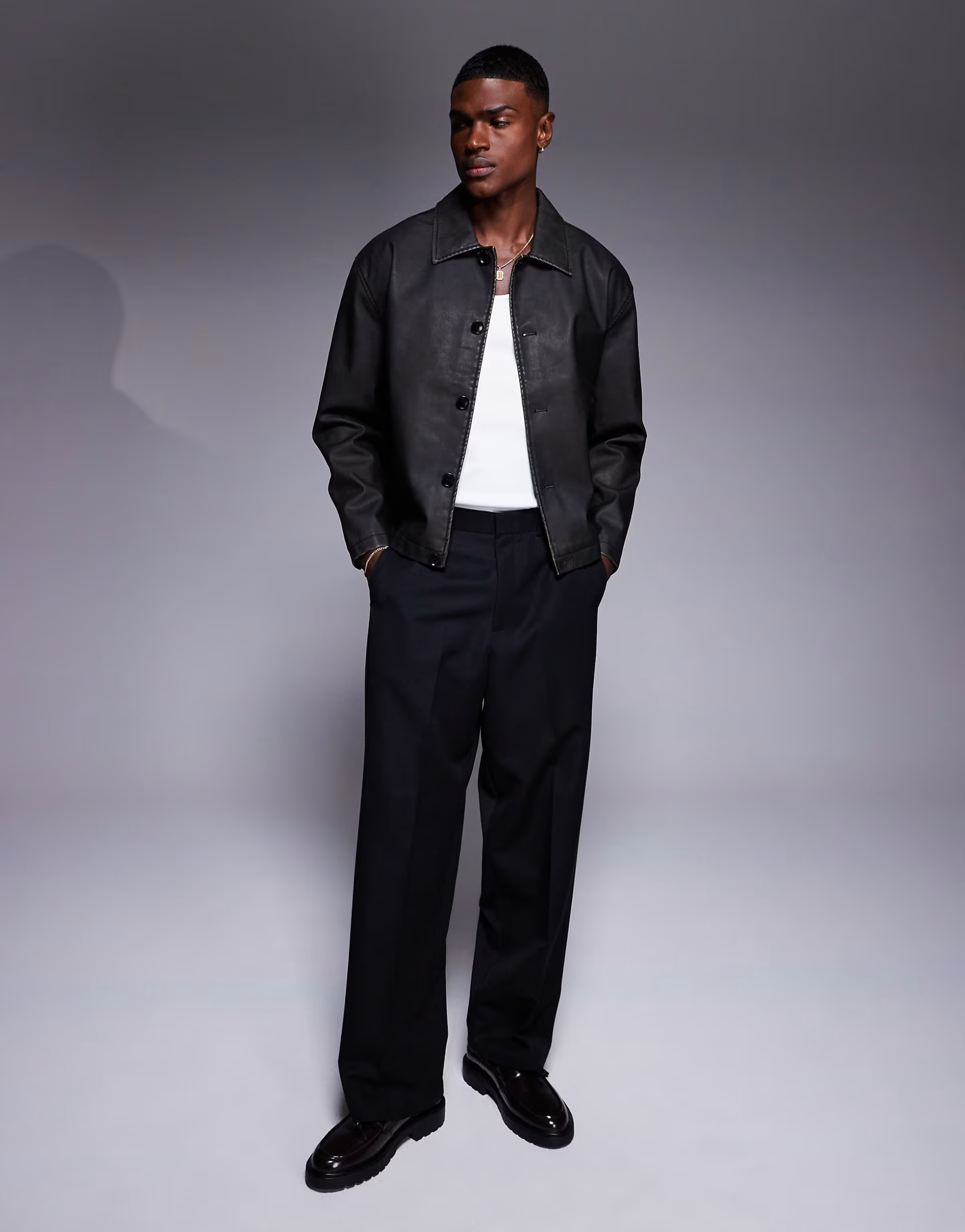 ASOS DESIGN faux leather boxy harrington jacket in washed brown | ASOS | ASOS (Global)