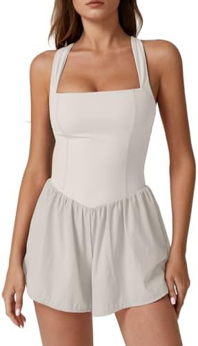 QINSEN Women's Square Neck Sleeveless Romper Jumpsuit Casual Summer One Piece Outfit with Pocket | Amazon (US)