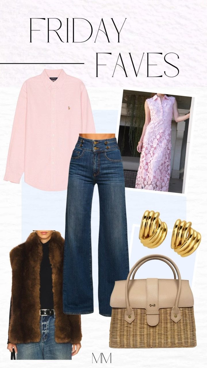 Friday Faves featuring soft pinks and timeless staples. This look blends feminine and classic with a structured button down, high waisted wide leg jeans, and statement gold earrings. Layer with a luxe faux fur vest and finish with a woven top handle bag for that polished, expensive feel. Perfect mix of casual and elevated for day to night.

Great for denim outfits, classic style, neutral outfits, fall layering, and everyday luxury looks.

[pink button down outfit, wide leg jeans outfit, gold statement earrings, woven handbag outfit, casual luxury style, denim outfit ideas, fall outfit inspo, chic everyday looks]

#LTKOver40 #LTKMothersDay