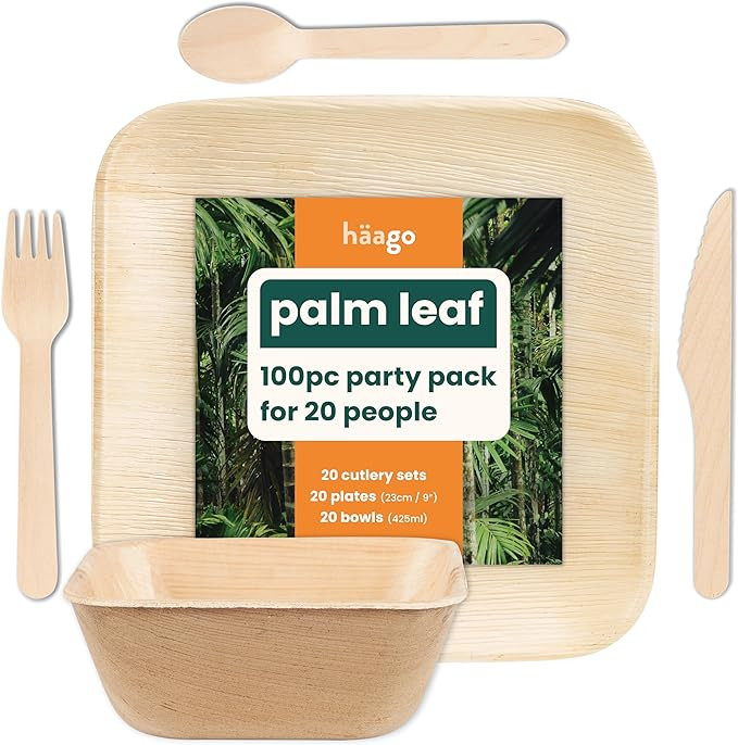 100 Pack Palm Leaf Plates Party Tableware for 20 Guests | 20 Square Plate 9" + 20 Bowls 16oz + 60... | Amazon (US)