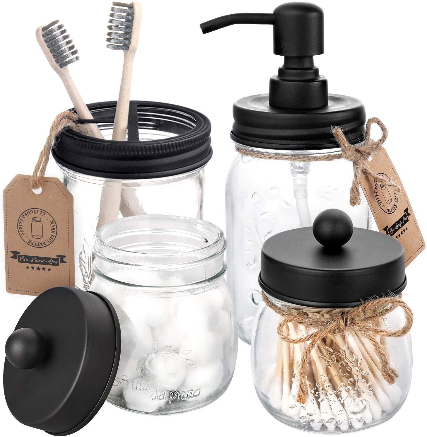 Mason Jar Bathroom Accessories Set 4 - Mason Jar Soap Dispenser & 2 Apothecary Jars & Toothbrush Hol | Amazon (US)