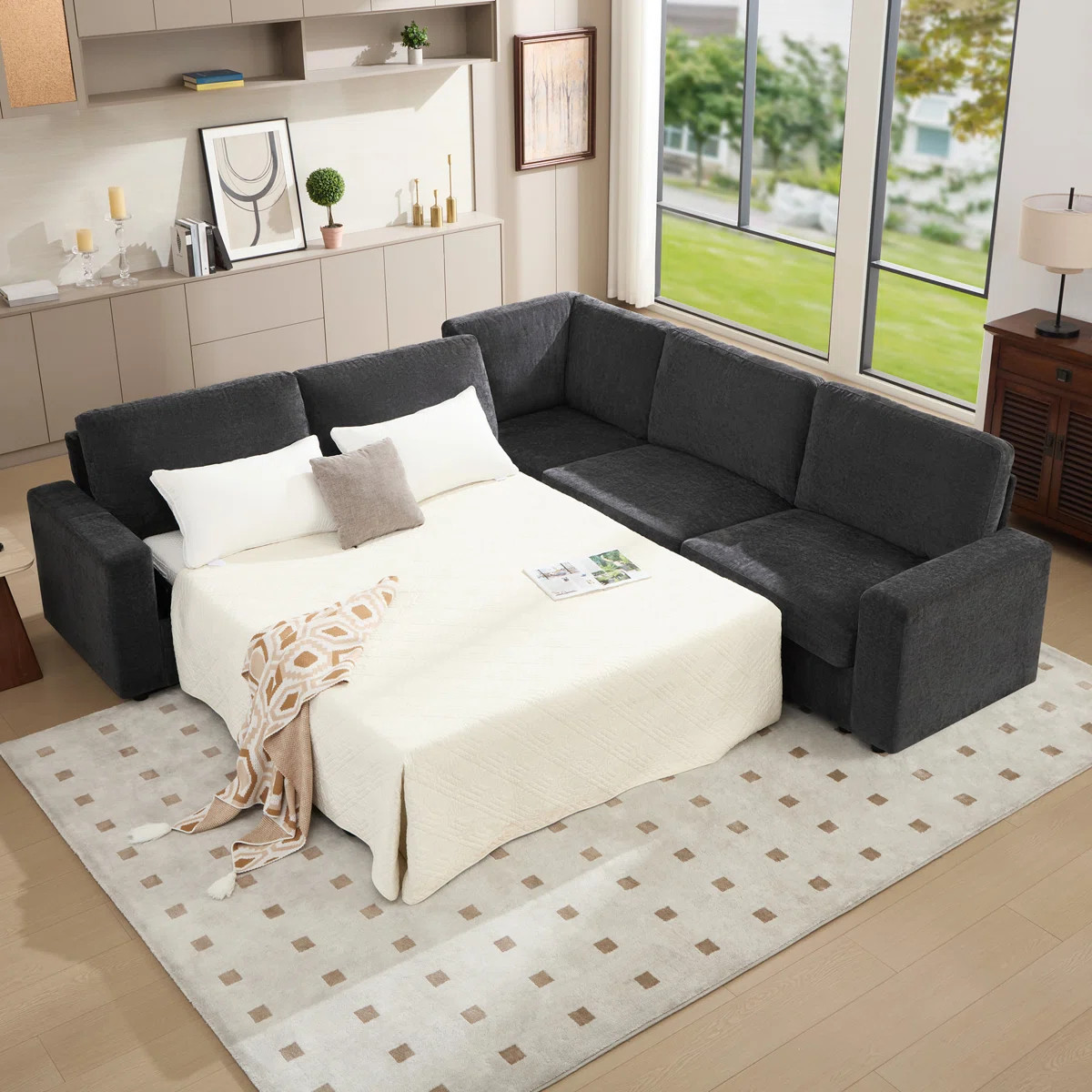 105" Oversized L-Shaped Sectional Sleeper Sofa, 3-in-1 Convertible Pull-Out Sofa Bed with Storage... | Wayfair North America